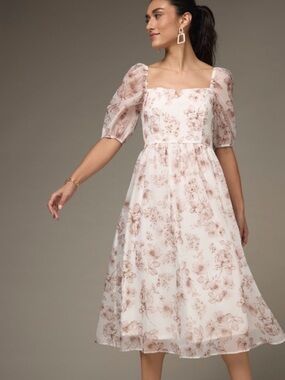 Francesca's Collections Cream Midi Dress with Dusty Rose Floral Print